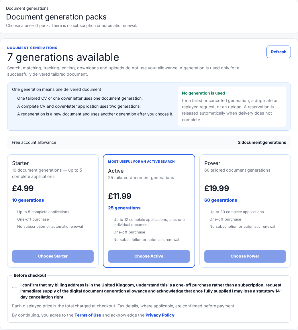 The fictional generation-pack screen showing the balance, pack prices and before-checkout acknowledgement